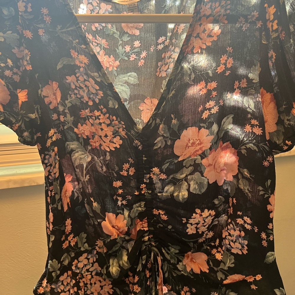 American Eagle Outfitters Floral V-Neck Blouse - Black and Orange
